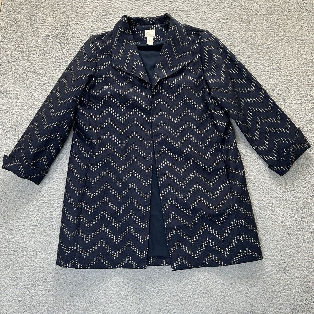 Chicos Travelers Jacket Womens 1 Medium Navy Metallic Chevron Striped Open Front